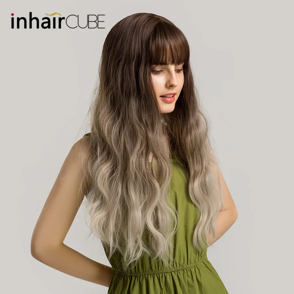 

Inhaircube 24"Pastel Wig Women Wigs Ombre Synthetic Hair Long Wavy Realistic Scalp with Bangs Dark Brown Root Creamy-white