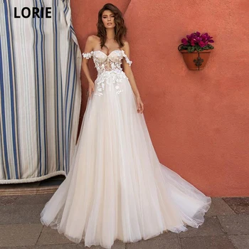 

LORIE Beach Princess Wedding Dresses 2021 Elegant Lace Appliques Bridal Gowns Open Back Off Shoulder A-Line Boho Wedding Gowns
