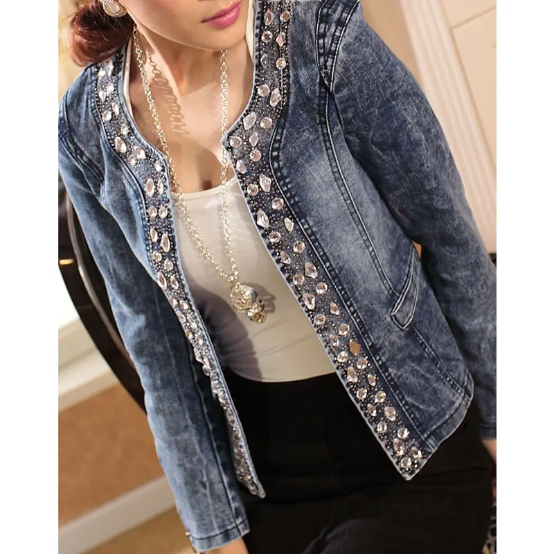 Best Denim Jackets for Women Rhinestone Paillette Woman Coats Blaser Vintage Water-Wash Casual Lady Jean