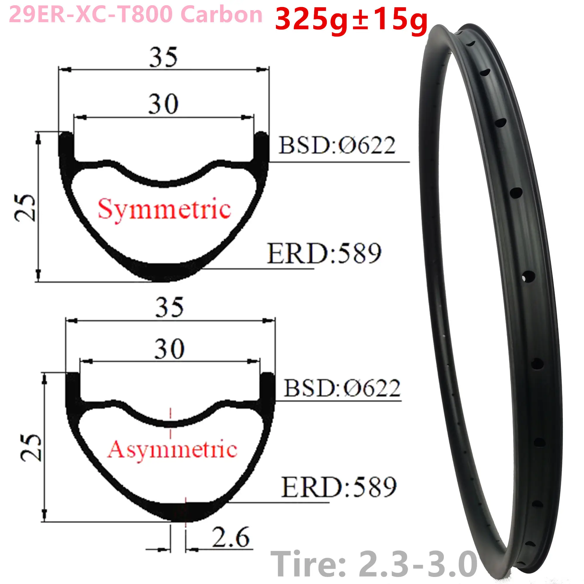 

29er 325g XC 35X25mm internal 30mm 29er carbon mtb rim Hookless tubeless mountain bike wheel T800 mtb 29" carbon rims