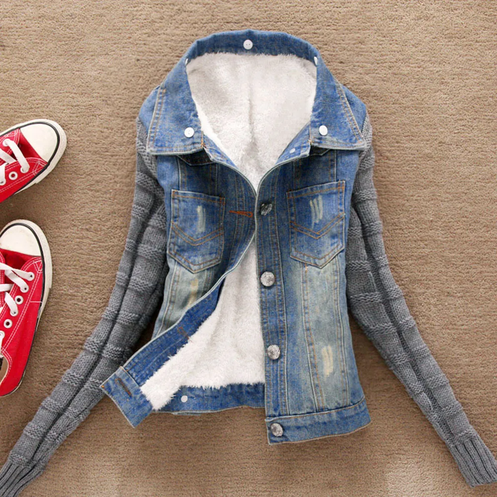 Promo  Womens Jackets And Coats 2019 Winter Warm Jeans Button Knit Sleeve Cowboy Denim Jacket Pockets Jack
