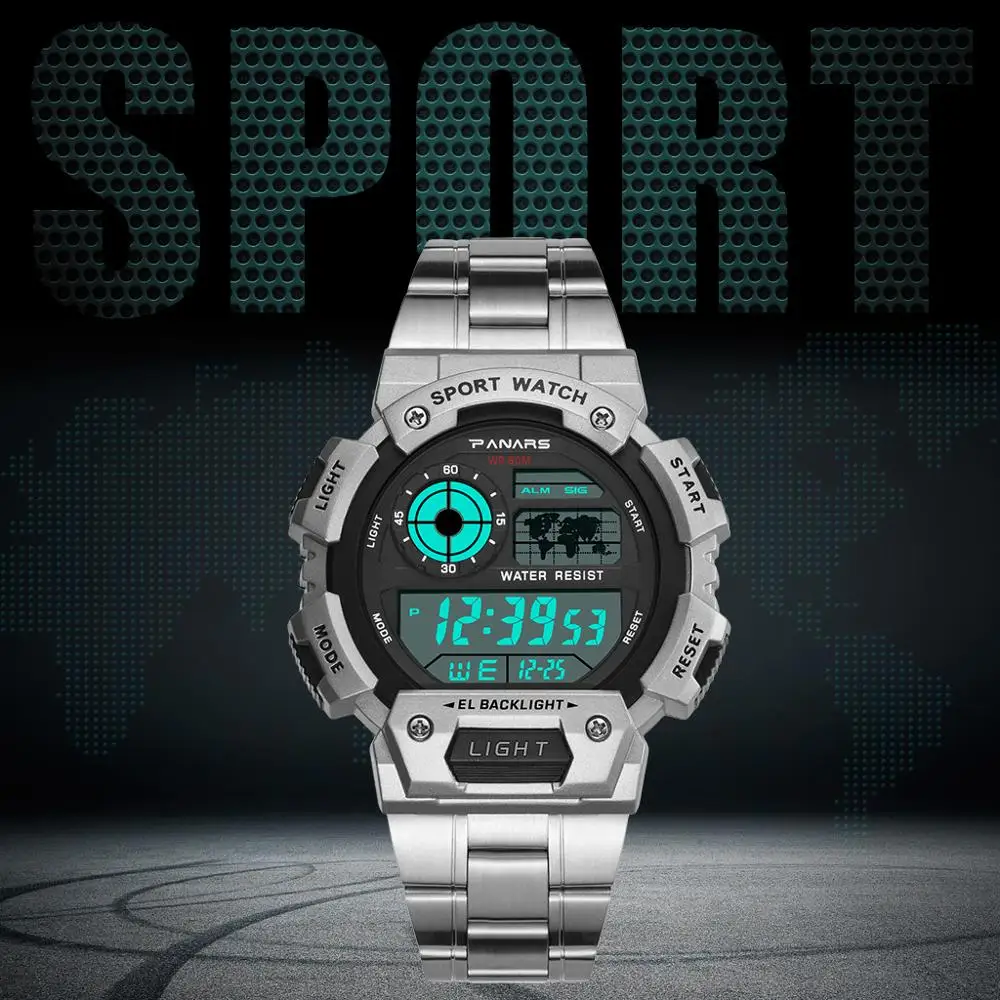 

RGTOPONE Men Sports Watch Stainless Steel Military Sport Watches Electronic Watches Clock Waterproof LED Digital Wrist Watch