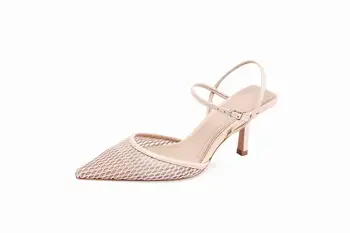 

Lenkisen large size air mesh sunscreen mixed cloth fashion pointed toe thin high heel buckle straps office lady women pumps L23