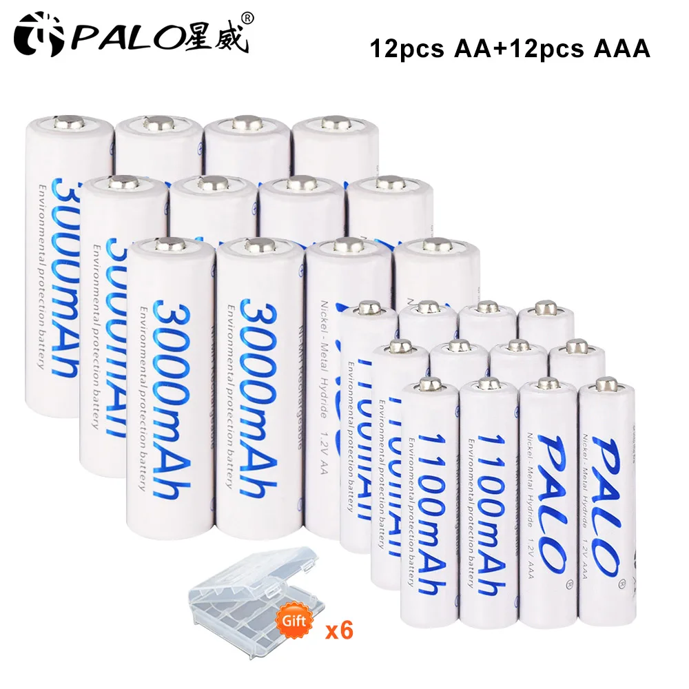 

PALO 3000mAh AA Rechargeable Battery+1100mAh AAA Rechargeable Batteries AA 1.2V Ni-MH AA Battery AAA Batteries with LCD Charger