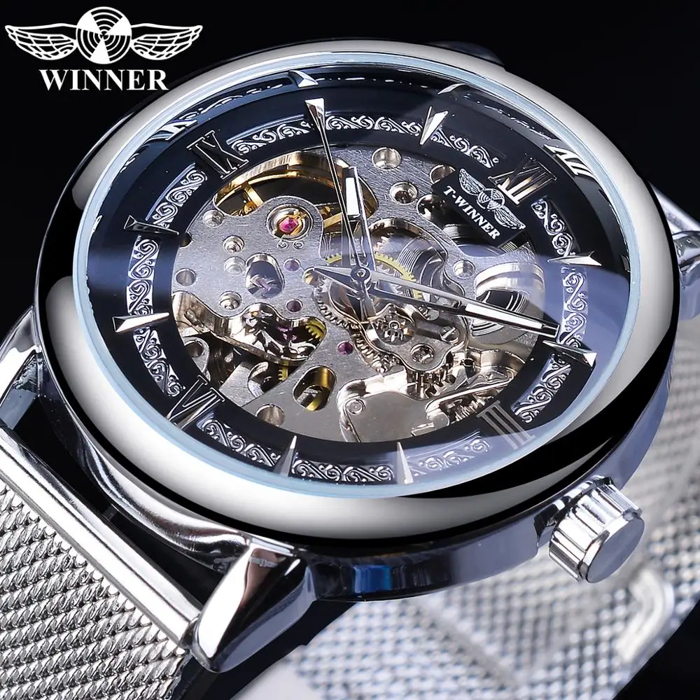 Winner Fashion Silver Mechanical Watch Automatic Men's Skeleton Mesh Band Steampunk Transparent Stainless Steel Sport Wristwatch