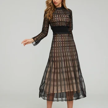 

Black Hollow Wooden Ear Edge See-Through Long Sleeve Suit Dress Woman
