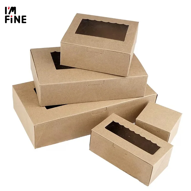 

5Pcs Paper Gift Box With Window Wedding Party Kraft Paper Box white dots Cake Food Packaging box blue Candy Cookies Cupcake box