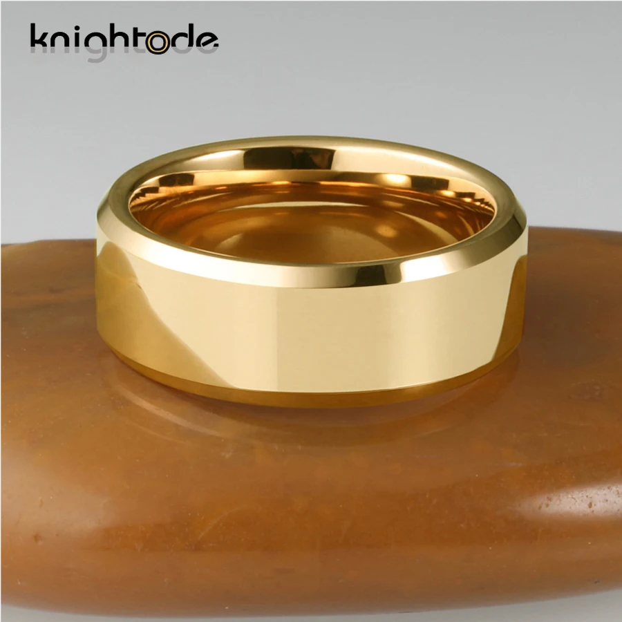 6/8mm Gold Color Wedding Band Men Women Tungsten Carbide Engagement Rings Beveled Edges Flat Polishing Comfort Fit