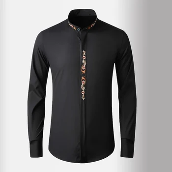 

NEW Stand Collar Male Shirts Luxury Chinese Style Embroidery Long Sleeve Mens Dress Shirts Slim Fit Party Male Shirts 4XL