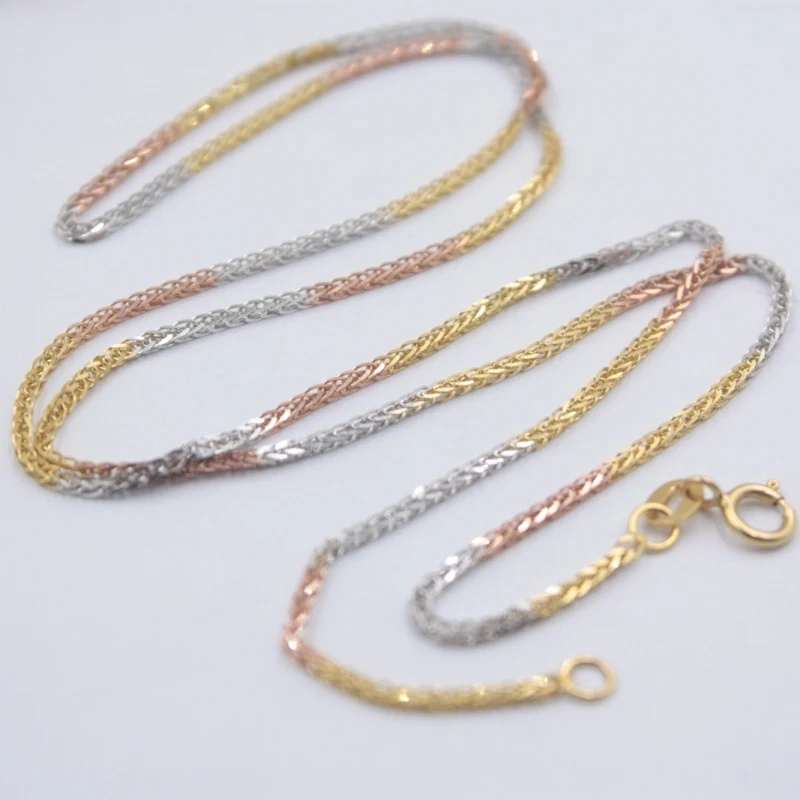 18K Solid Gold Wheat Foxtail Chain Women Necklace Pure 18KT Multi-tone Gold 1.2mmW 3.5-4g Gift For Women Fine Jewelry