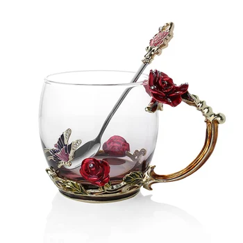 

New Rose Enamel Crystal Tea Cup Coffee Mug Butterfly Rose Painted Flower Water Cups Clear Glass with Spoon Set Perfect Gift-30