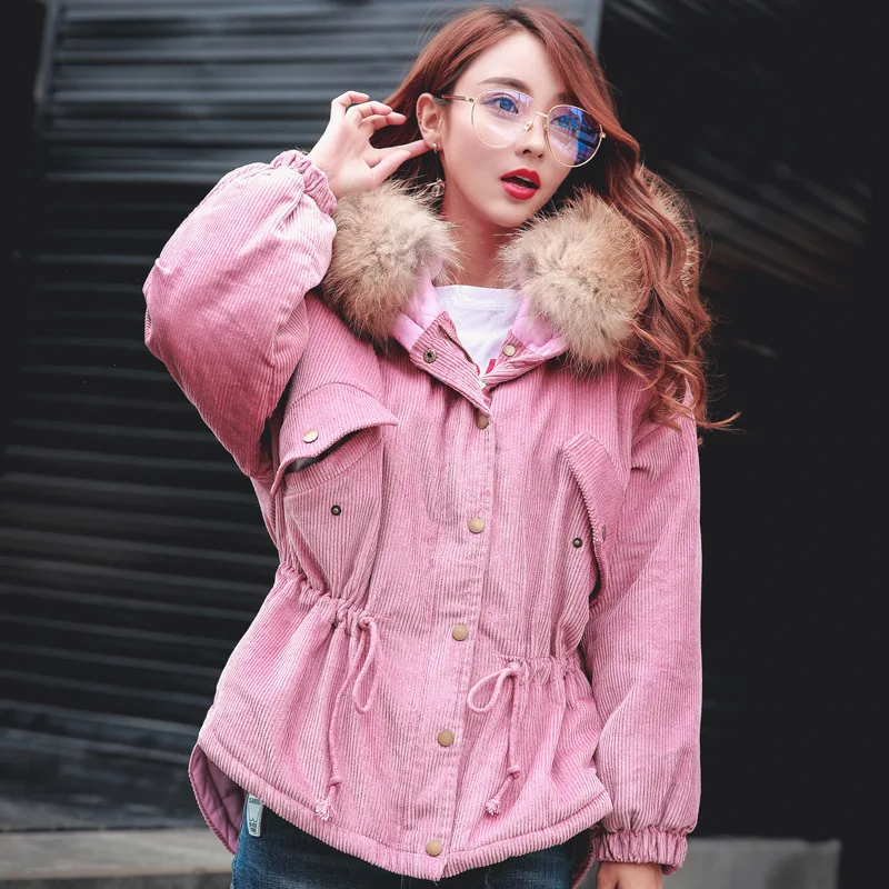 

2017 Winter New Style Korean-style Corduroy Students Short Large Fur Collar Thick Loose-Fit down Feather Cotton-padded Clothes