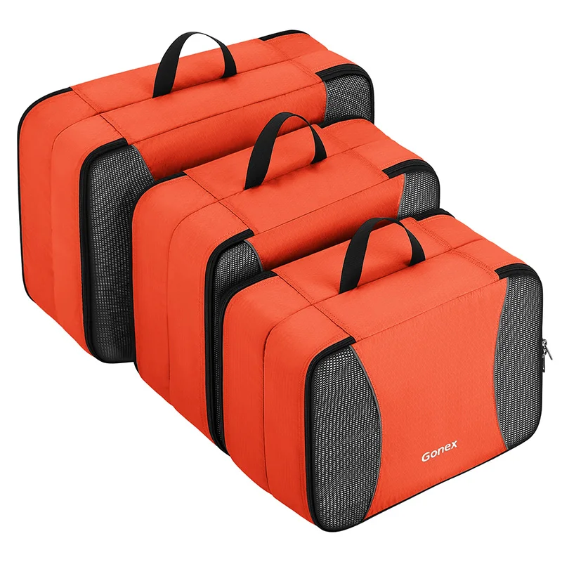 Gonex 3 упаковки двойной слой путешествия Упаковка кубики, дышащая сетка сумка для хранения одежды чемодан Органайзер набор - Цвет: Оранжевый