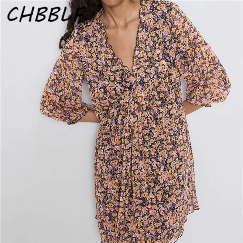 

CHBBLF women vintage print dress V neck three quarter sleeve pleated female casual chic dresses retro vestidos HJH2221