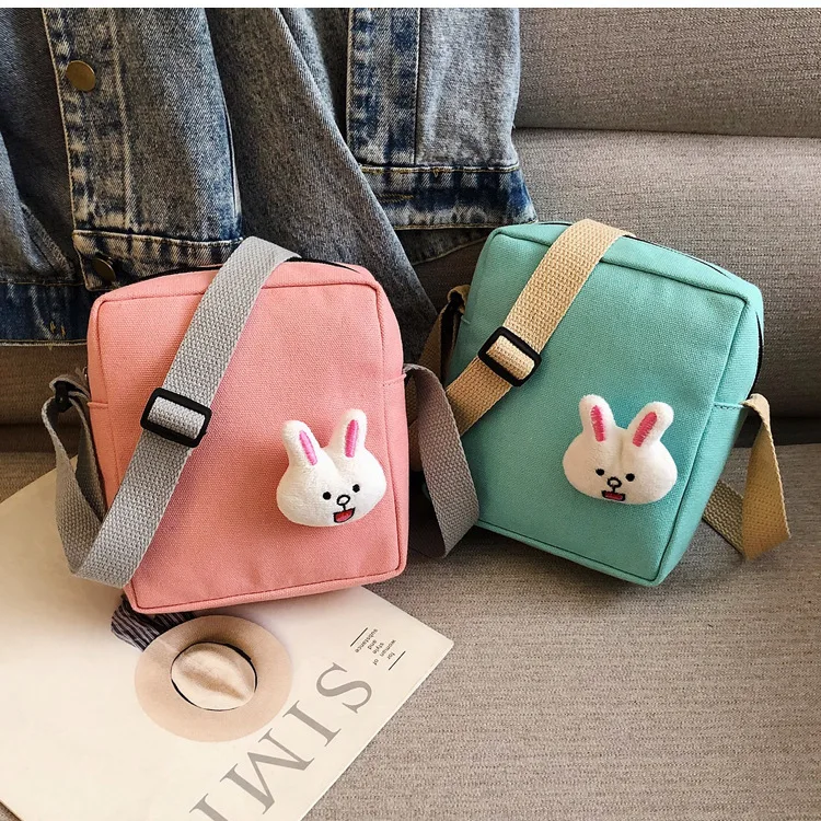 Solid Color Simple Canvas Square Sling Bag Cartoon Cute Rabbit Shoulder Bag Versatile MORI Series Shoulder Bag Phone Coin Purse