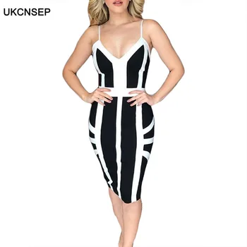 

UKCNSEP Backless Evening Party Dress 2020 New Arrival Black and White Patchwork V Neck Bodycon Elegant Bandage Dress Vestidos