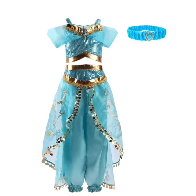 Girls Jasmine Dress Arabian Princess Costume Kids Birthday Party Christmas Fancy Dress Baby Jasmine Cosplay Costume 3-10 Years Dress and set b