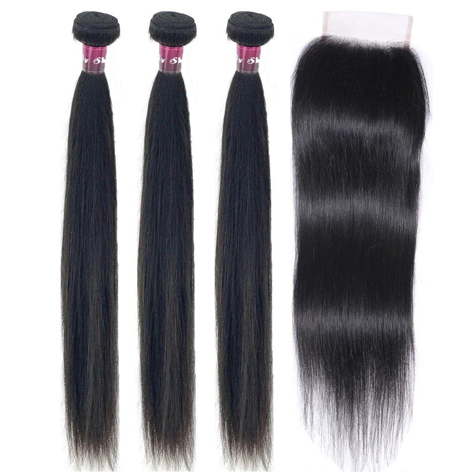 

Lynlyshan Human Hair Peruvian Straight Hair Bundles With Closure Remy Hair Waves 3 Bundles With 4*4 Closure Free Shipping