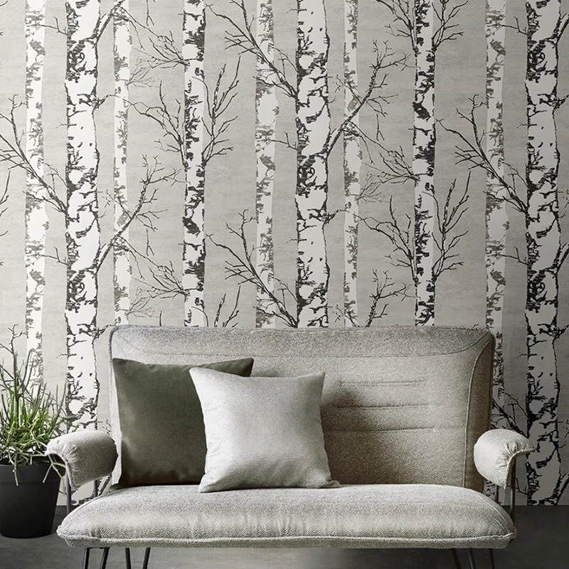 Gray White Birch Tree 3D PVC Wallpaper for Cloth Shop Modern Nordic Design Coffee House Resturant Wall Paper Roll Forest Woods