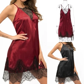 

S-XL Size Nightwear Sexy Sleepwear Night V-neck Straps Patchwork Adjustable Floral Lace Spaghetti Nightdress Women