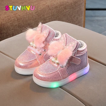 

2020 New Kids Shoes LED Lighting Girls Luminous Shoes Fur Bow Diamonds with Lights Shoes Cartoon Baby Toddler Sneakers 21-30