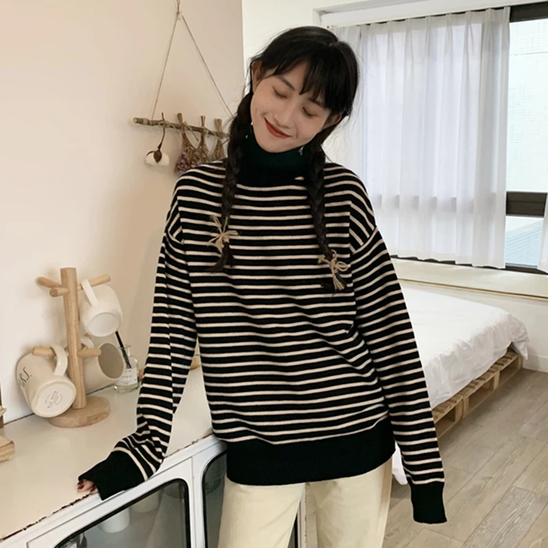 

Casual Striped Turtleneck Sweater Women Spell Color Korean Style Basic Knitted Sweater Winter Autumn All-match Loose Pull Femme