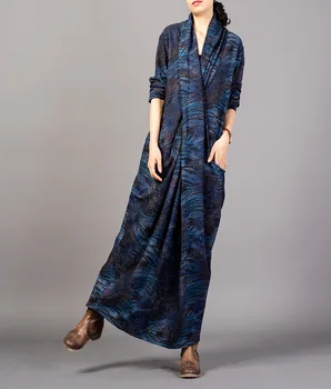 

Original Women's Velvet Printed Cross Long Maxi Dress Blue Patchwork V Neck Retro Dresses Robes