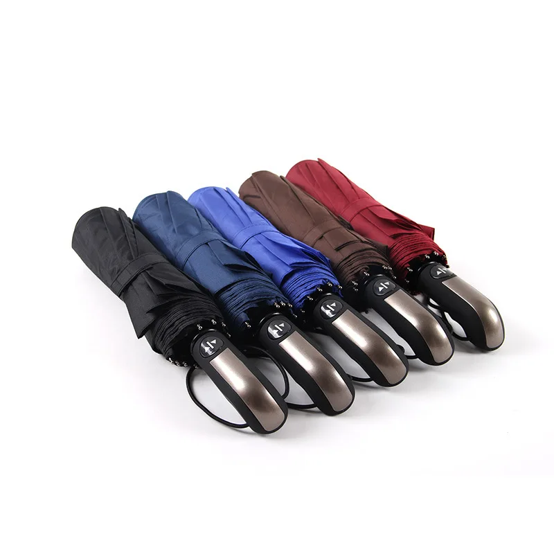 

10 Ribs Fully Automatic Strong 3-Folding Umbrella Rainy Umbrellas Business Men Rain Tools Windproof Male Parasol Red Blue Black