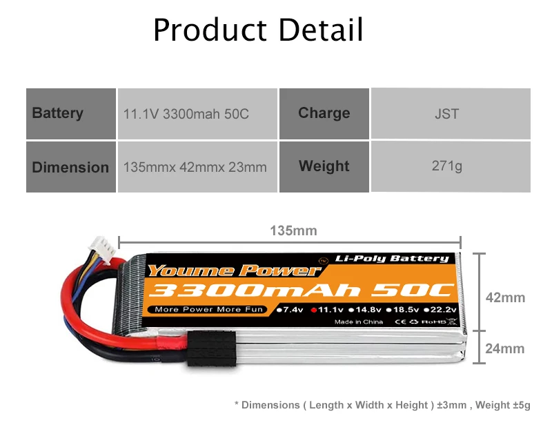 Youme 2S 3S 4S 6S RC Lipo Battery, Moto Powu Mele Fud 37.4v CJ1.1v 014.B