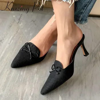 

Krazing pot special cloth cozy women shoes pointed toe high heels slip on mules bowtie maiden Korean streetwear summer pumps L99