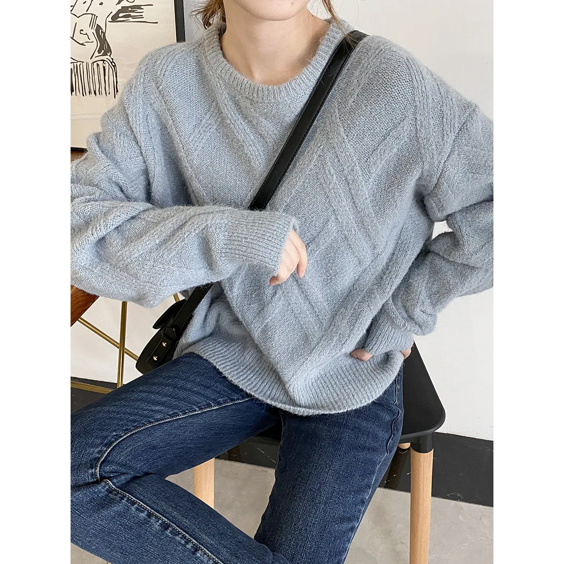 

Women's Winter Casual Oversize Warm Jumper Bottoming Thickened Irregular Diamond Stitch Mohair Pullover OL Commute Sweater