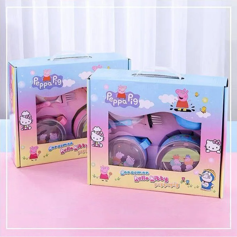 

New Boxed 5 Piece Tableware Set Peppa Pig Stainless Steel Rice Bowl Shatter-resistant Cup Fork Spoon Children Birthday Gift