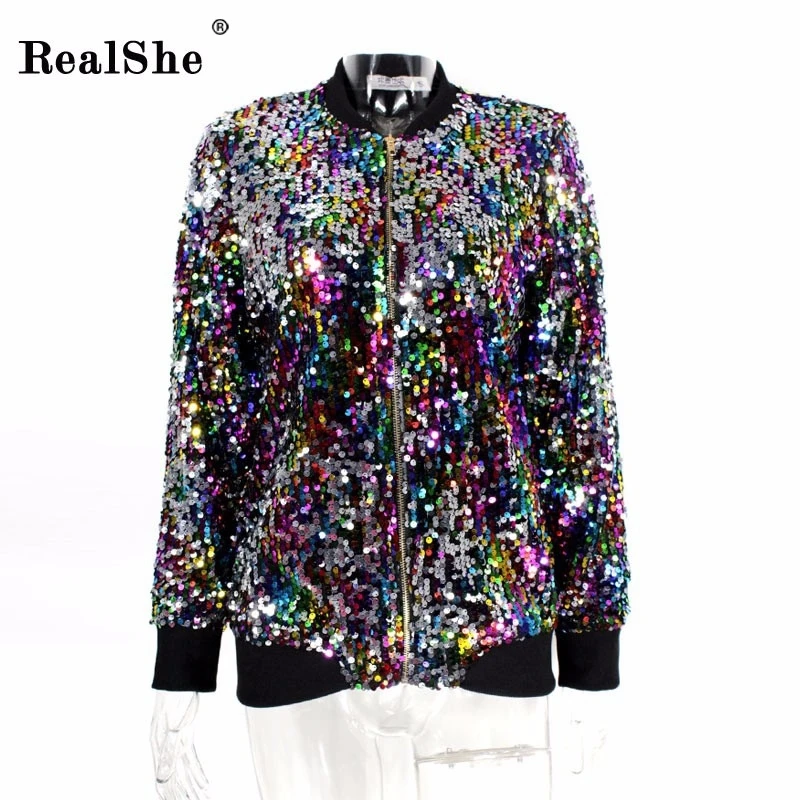 sequins jacket RealShe, Женская куртка, стоячий воротник, длинный рукав, с блестками, пальто и куртки для женщин, весна, повседневная, Рождественская, размера плюс, пальто для женщин - Цвет: sequins jacket