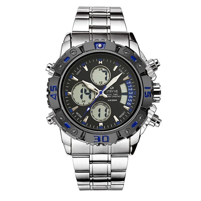 

Stryve Hot Selling Multi-functional Men Stainless Steel Double Inserts Electronic Watch Waterproof Luminous Watch S8018