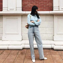 QoerliN S-XL, корейский стиль, ретро светильник, синий цвет, высокая талия, два цвета, четыре кнопки, стройнящие прямые джинсы размера плюс, джинсовые штаны