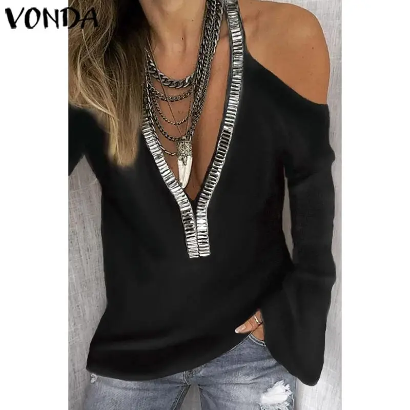 VONDA, Женские топы и рубашки,, сексуальные, глубокий v-образный вырез, блестки, блузка, рубашки, Осенние, элегантные, с открытыми плечами, блузка размера плюс, блузки