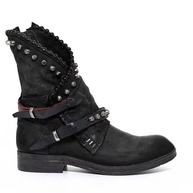 Vogue Retro Rivet Motorcycle Boots Women Leather Ankle Boots Nice Gothic Autumn Buckle Low Heel Short Boot Cowboy Shoes black B