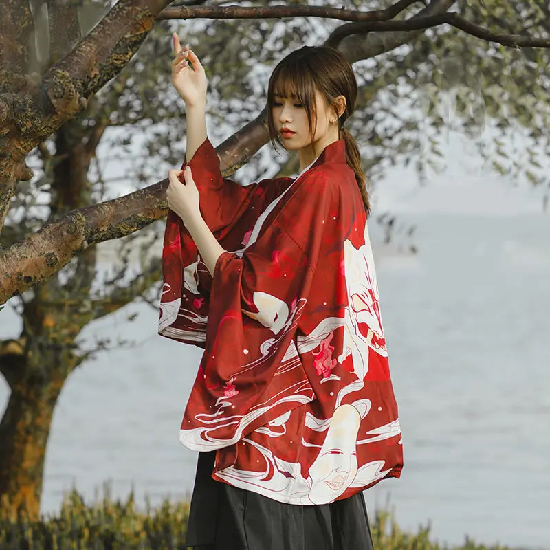 

Women Haori Japanese Kimono Cardigan Coat Casual Anime Print Shirt Sunscreen Kimonos Men Streetwear Traditional Samurai Yukata