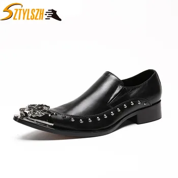 

2019 Men Dress Shoes Luxury Classic Genuine Leather Rivets Prom Shoes Italian Shoes For Men Formal Dress Party Wedding Shoes