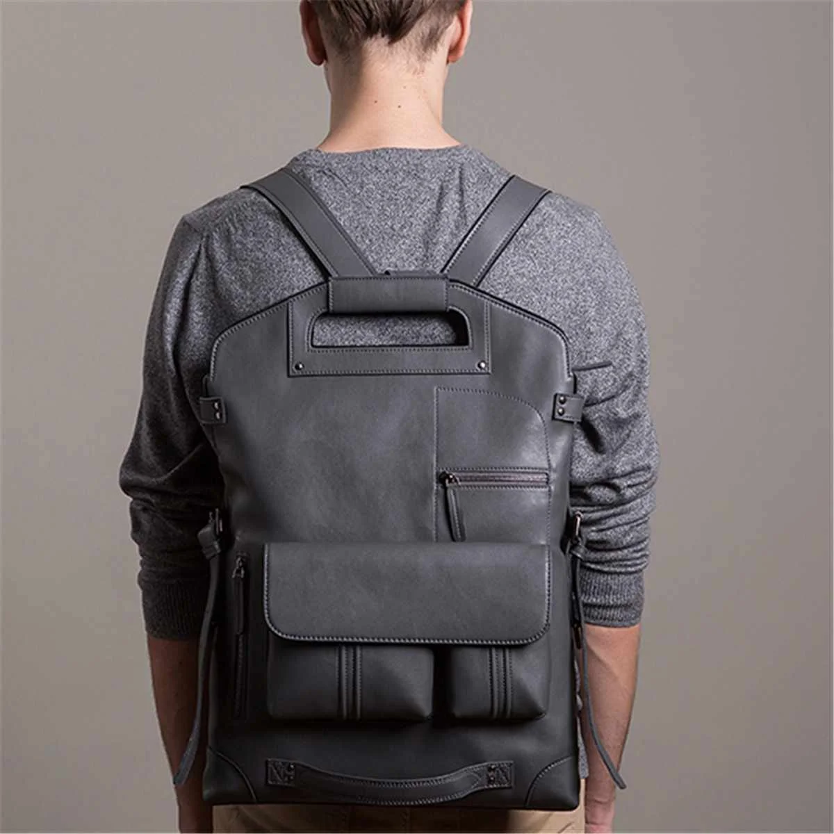 Складные мужские рюкзаки из натуральной кожи, новые модные многофункциональные мужские однотонные сумки, роскошная брендовая большая сумка для ноутбука - Color: grey
