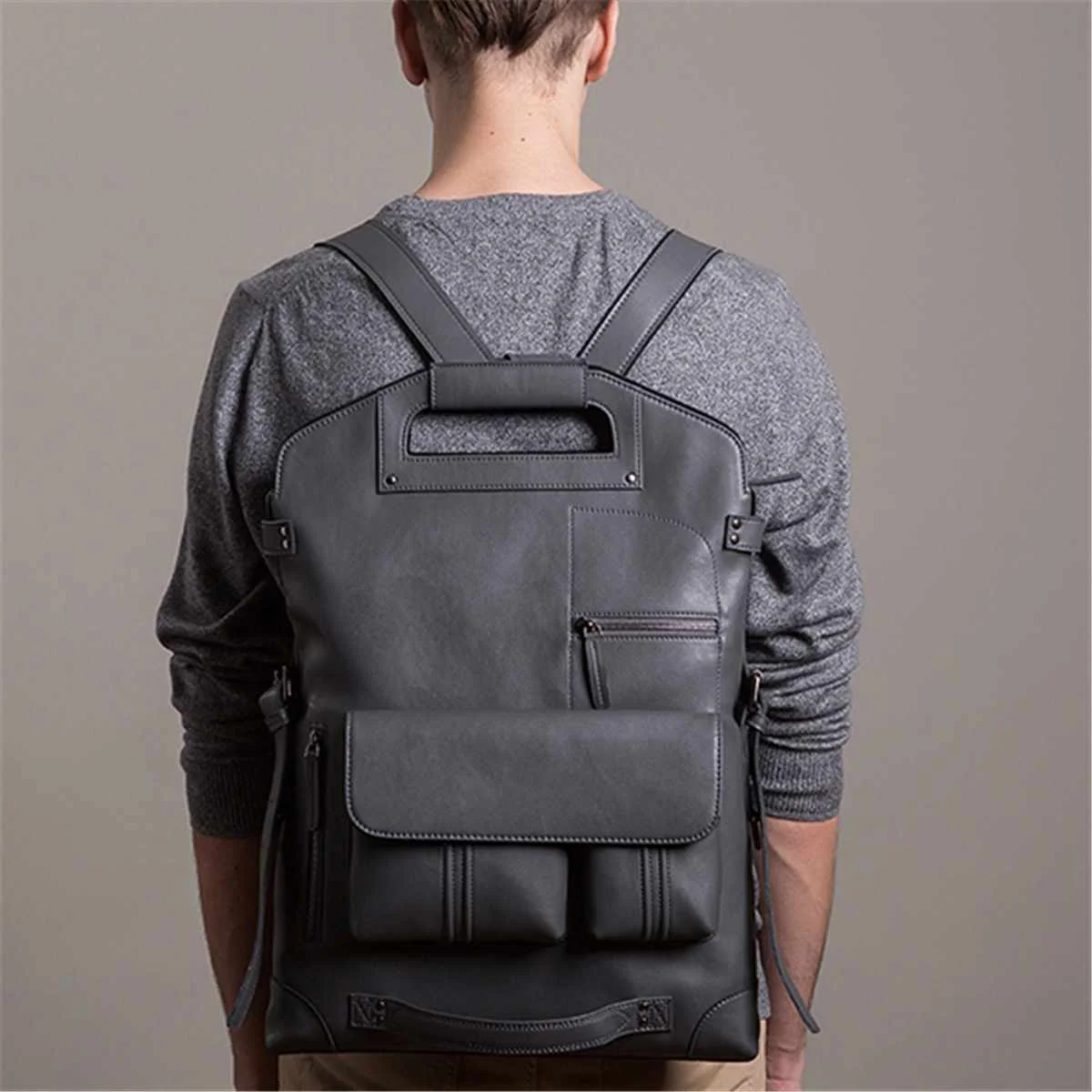 grey Складные мужские рюкзаки из натуральной кожи, новые модные многофункциональные мужские однотонные сумки, роскошная брендовая большая сумка для ноутбука - Color: grey