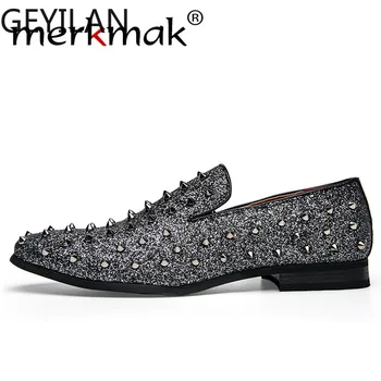 

Charming Men Paillette Loafers Bling Shining Sequins Men's Dress Shoes Italian Designer Rivet Handmade Slip-On Loafers