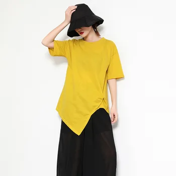 

Summer Irregular Design Pullover T-shirt Cool Solid Color Round Neck Top Yellow Black Tees For Women Casual Clothes For Lady