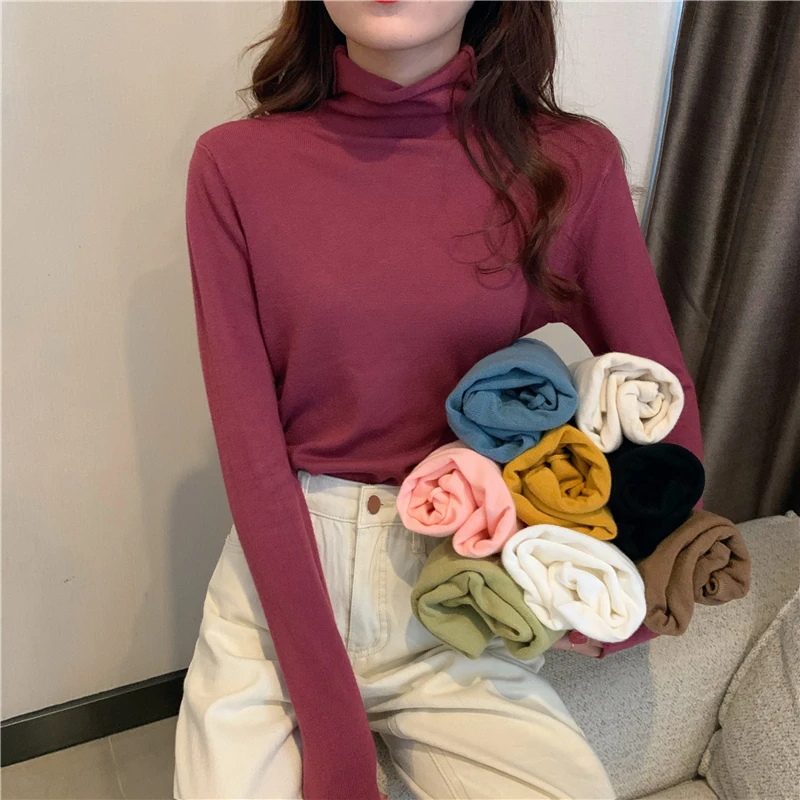

Autumn Winter Women's New Fashion High-Neck Sweater Solid Color Versatile Casual Bottoming Shirt