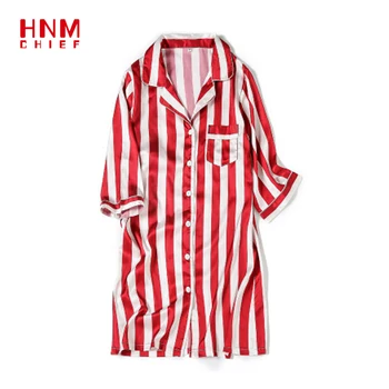 

HNMCHIEF Red Stripe Sleepshirts Fashion Night Dress Women Nightgowns Sleepwear Satin Silk Robe Comfortable Sleep & Lounge