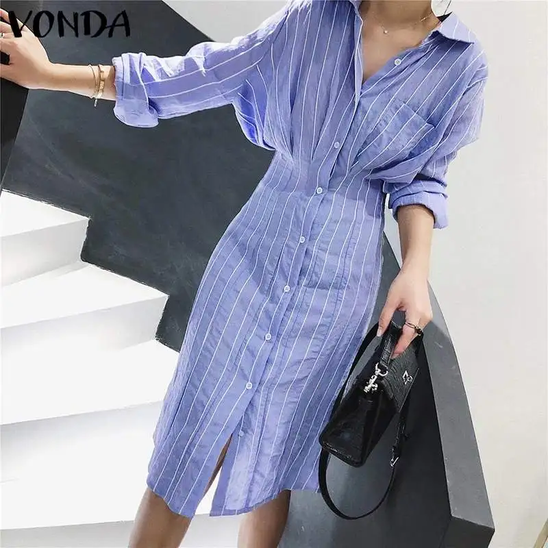 VONDA Women Dress Vintage Sexy Lapel Neck Long Sleeve Shirt Striped Dress Office Printed Sundress Plus Size Bohemian Vestido VONDA Women Dress Vintage Sexy Lapel Neck Long Sleeve Shirt Striped Dress Office Printed Sundress Plus Size Bohemian Vestido