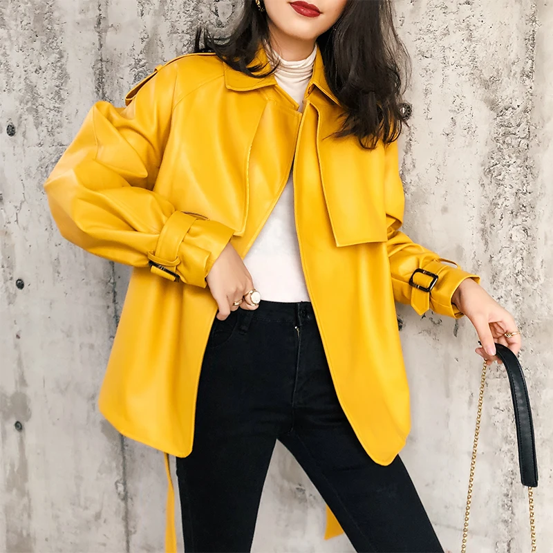 buy  2019 New Designer PU Leather Jacket Women Faux PU Leather Belt Coat Casual Female Streetwear Outwea