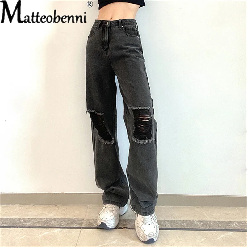 2021 Women Ripped Jeans Stretch Fashion High Waist Mom Denim Trousers Ladies Loose Hole Pants Casual Street Straight-Leg Pants 2021 new fashion ripped women denim skinny pants sexy high waist stretch slim pencil jeans ladies casual gradient street jeans