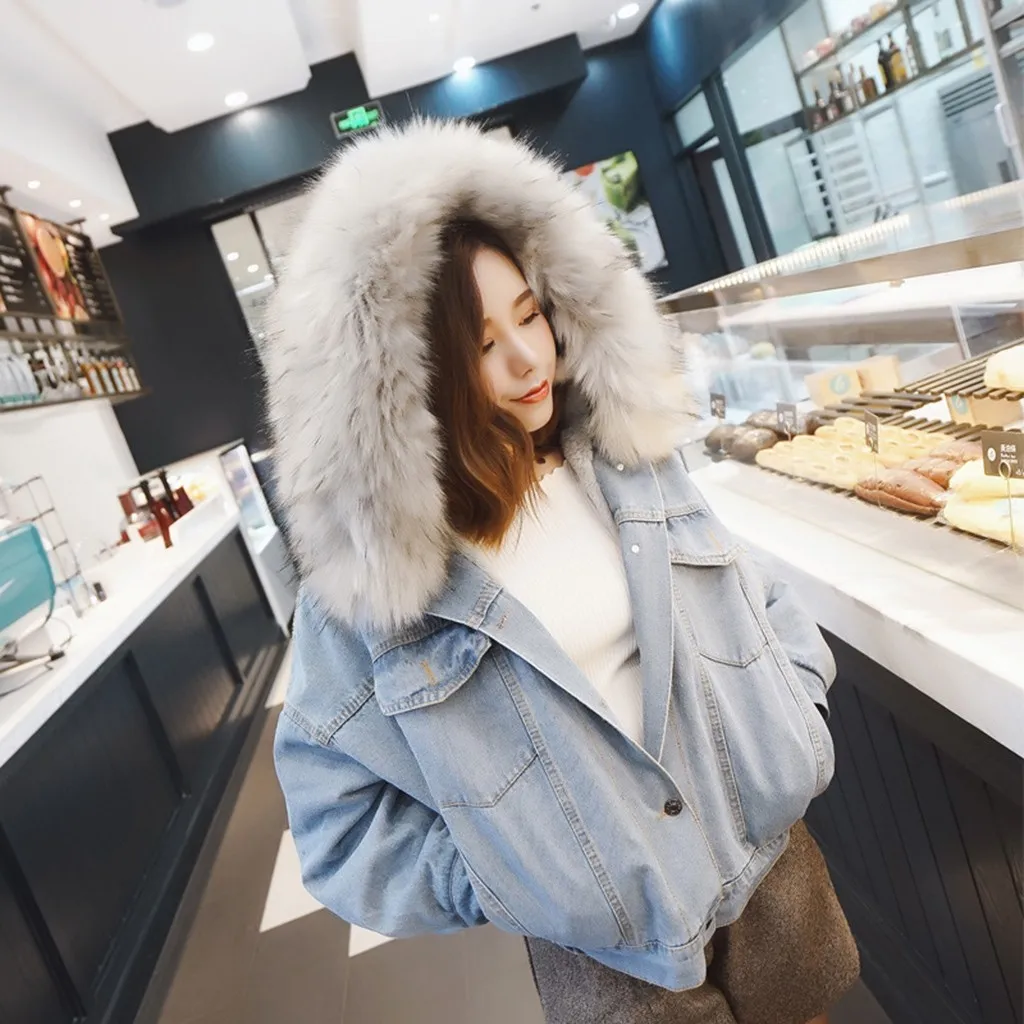 Women Denim Jacket Winter Thicken Fleece Outdoor Coat Faux Fur Collar Hooded Long Sleeve Denim Female Windproof Outwear#BL40