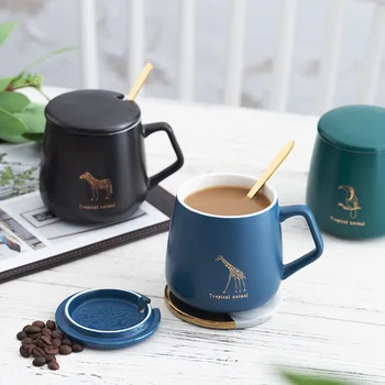 

Nordic Ins Simple Animal Coffee Mug Creative Ceramic Cups with Lid Scoop 400ml Large Capacity Hosehold Breakfast Milk Water Mugs